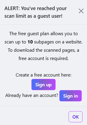 Avec le plan gratuit, le nombre de sous-pages d’un site est limité sur Websitedownloader