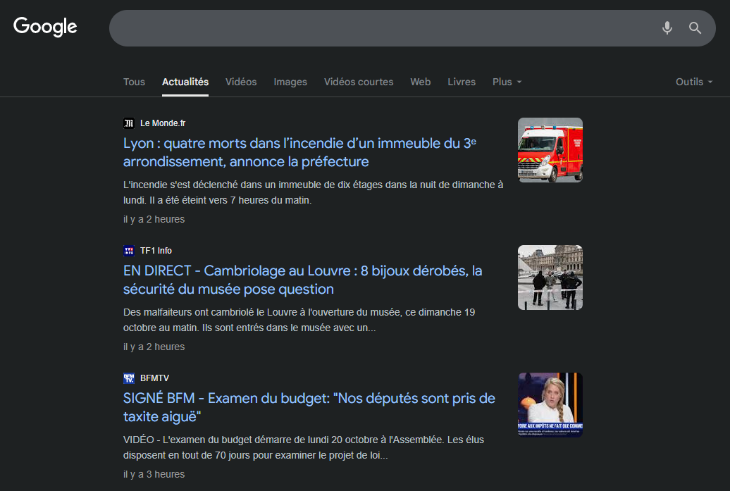 liste d'actualités sur Google