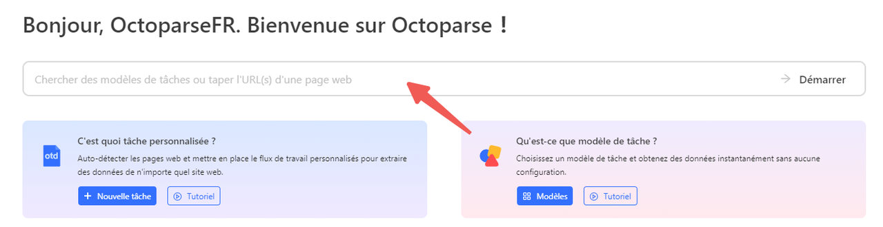 la page d'accueil sur Octoparse
