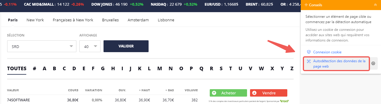 l'autodétection des données sur Boursier