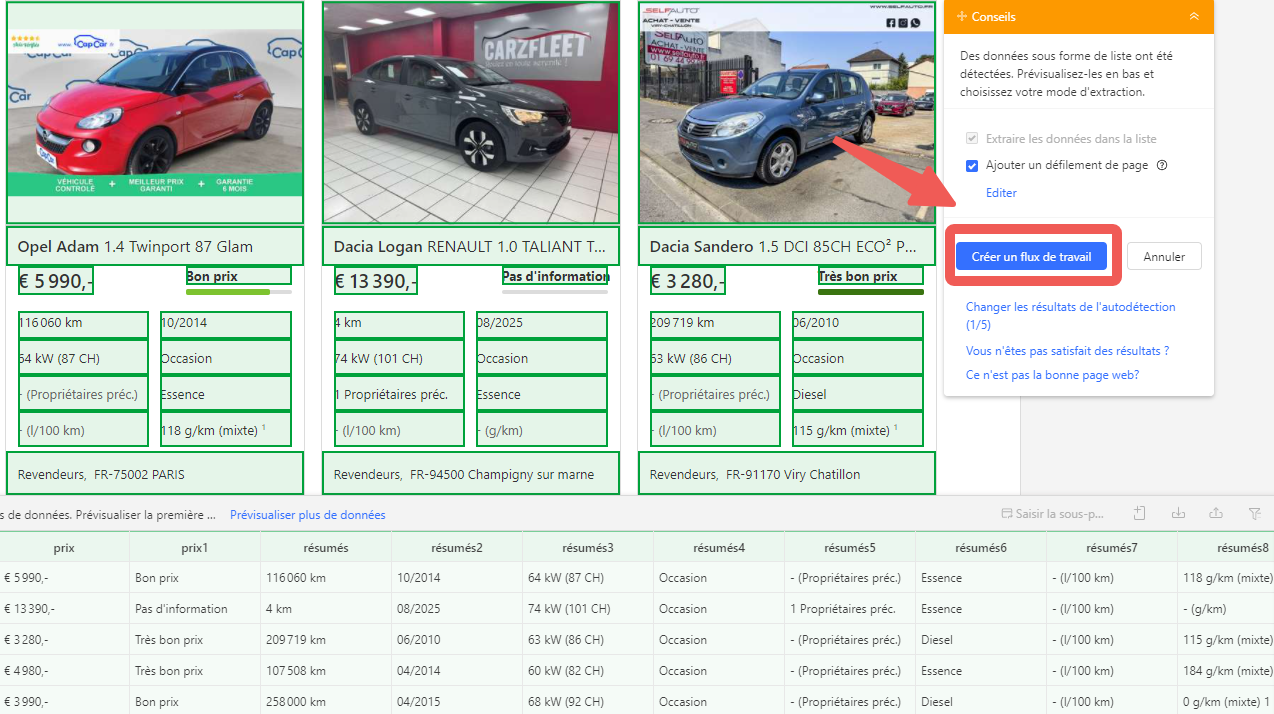 Créer un flux de travail pour extraire les données sur Octoparse
