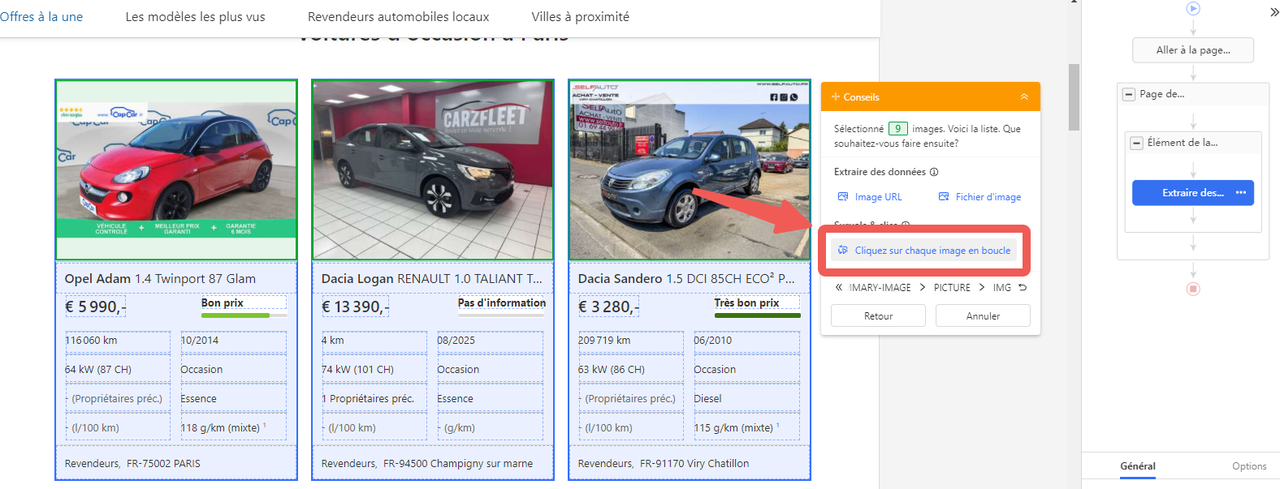 établir une boucle pour l'extraction de données avec outil de scraping