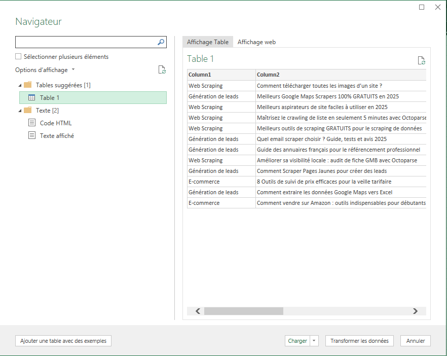 Sélectionner les tables détectées d'Octoparse Blog dans Excel
