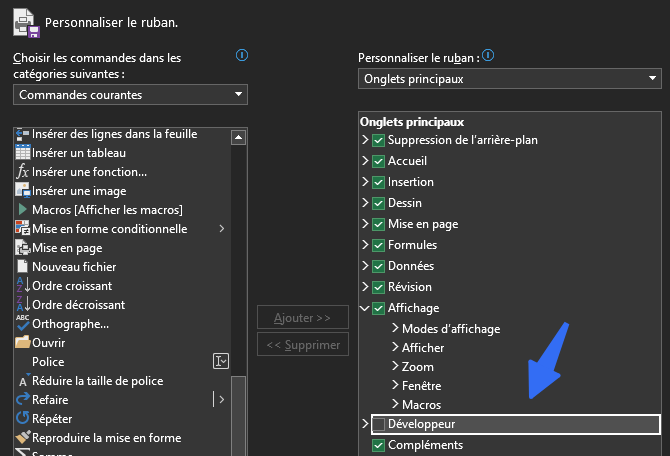 Activer l’onglet Développeur avec VBA
