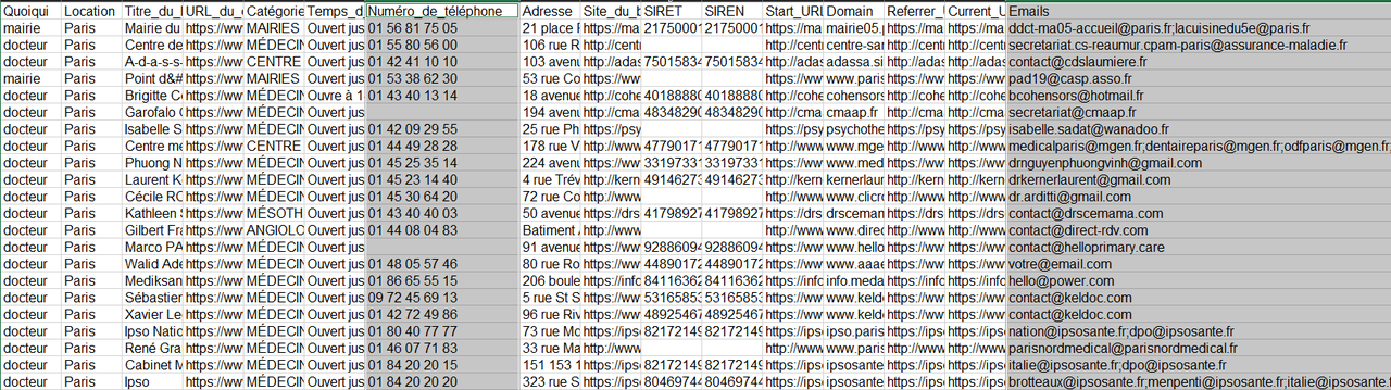 Les numéros de téléphone et emails extraits par Octoparse