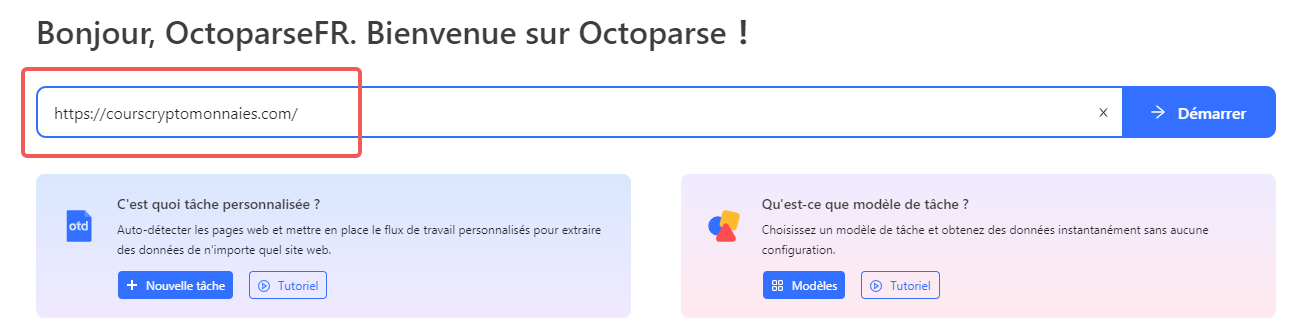 Ouvrir Octoparse et coller l'url de la page cible