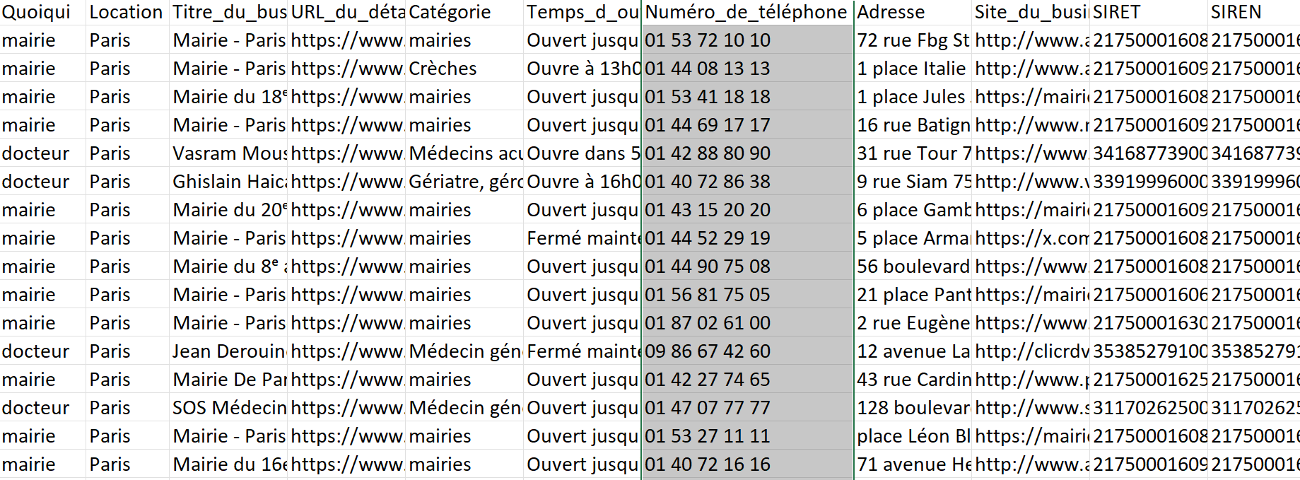 les numéros de téléphone récupérés par Octoparse