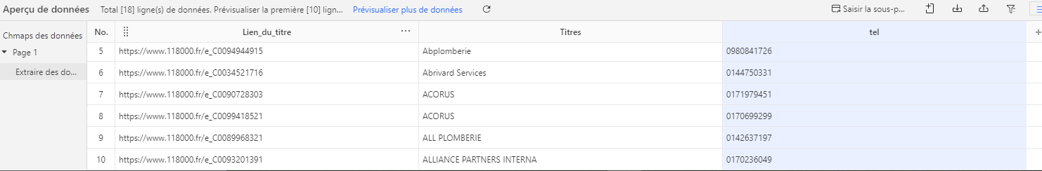 l'aperçu du numéro de téléphone sur Octoparse