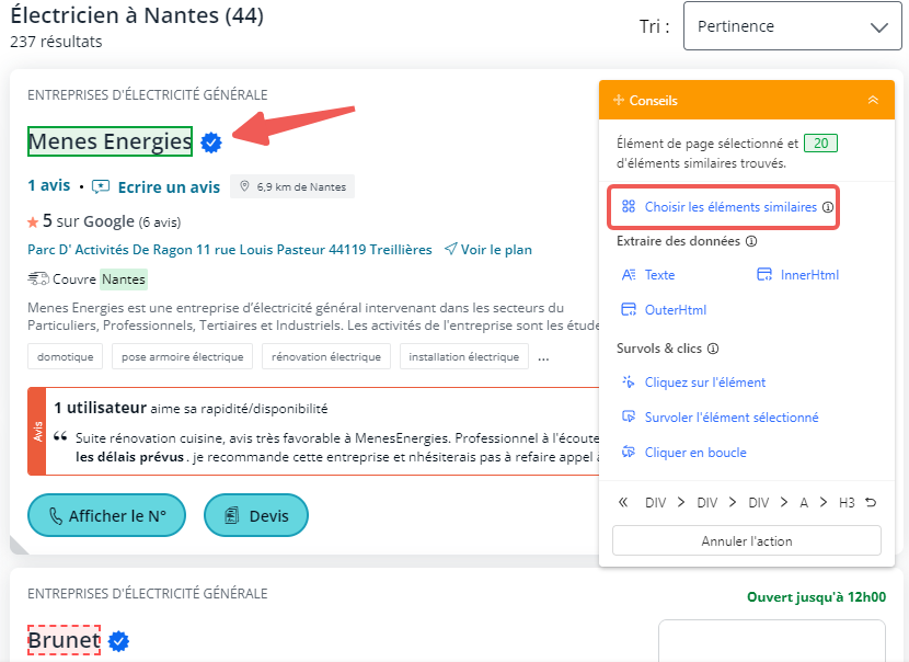 Cliquer les champs de données de PagesJaunes avec Octoparse