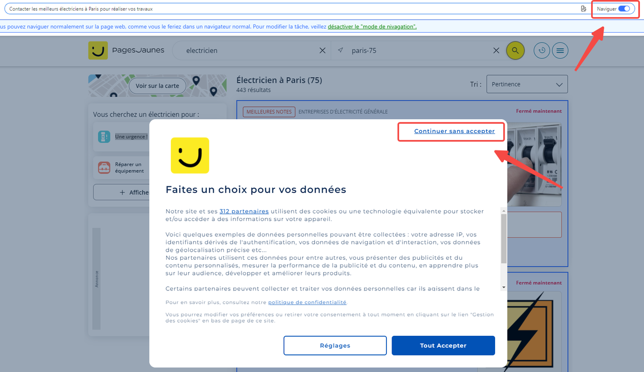 Ouvrir le mode de navigation d'Octoparse pour fermer le popup de Pages Jaunes