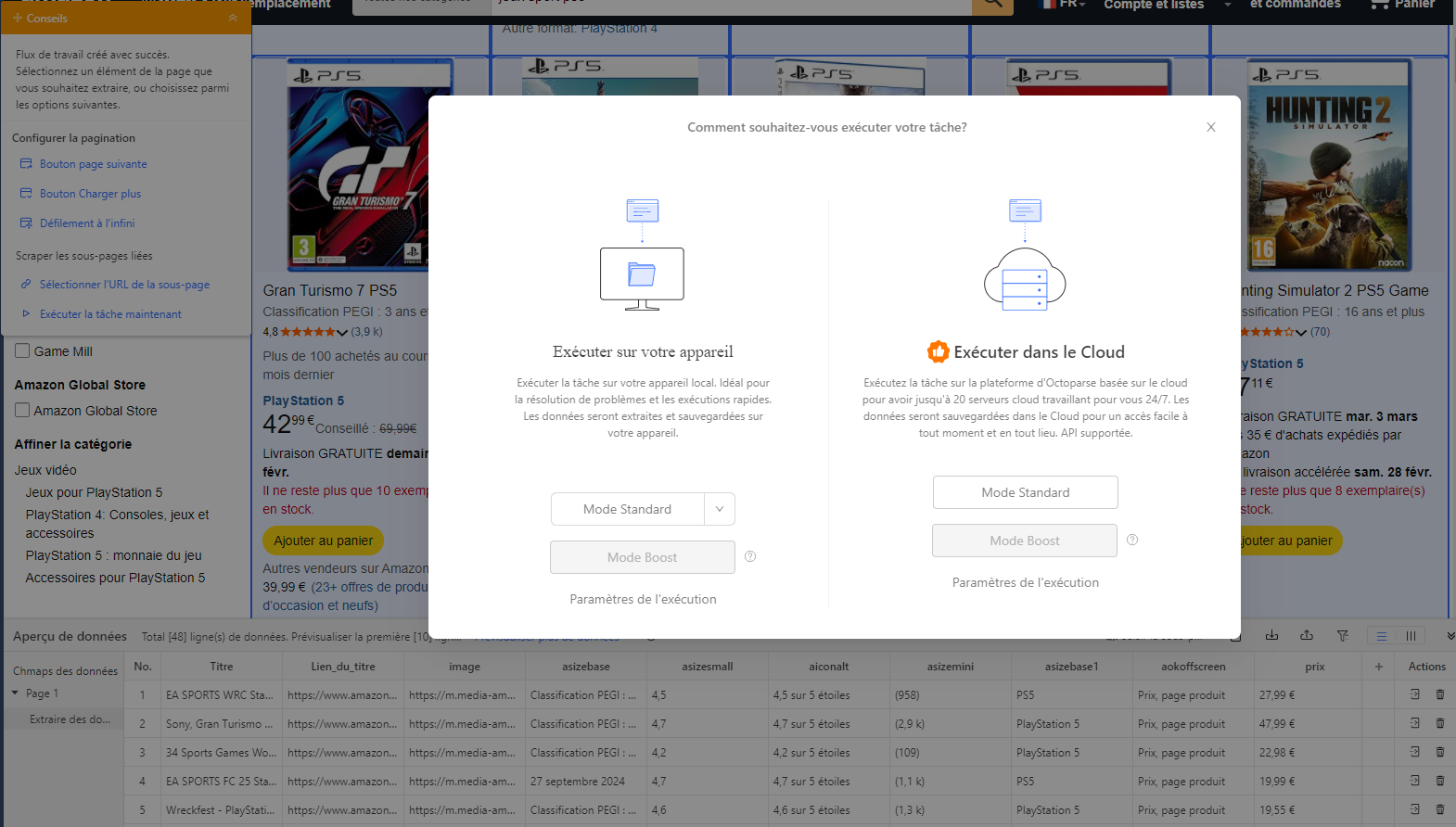 Octoparse - extraction des prix Amazon localement ou dans le Cloud