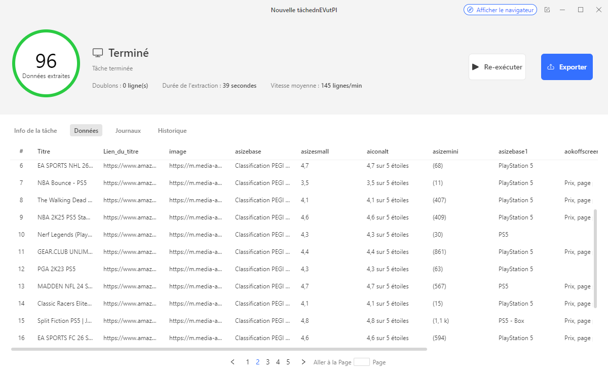 Octoparse - aperçu des données de surveillance des prix Amazon extraites