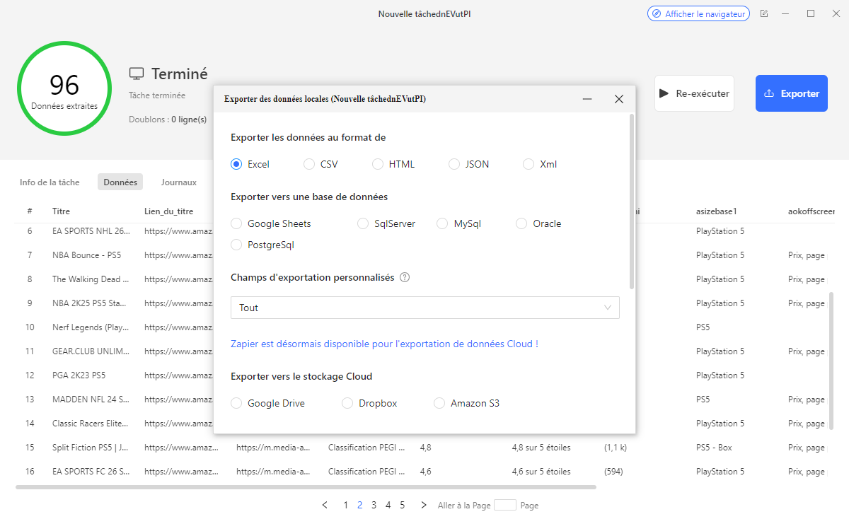 Octoparse - export des données de prix Amazon vers Excel, CSV et Google Sheets