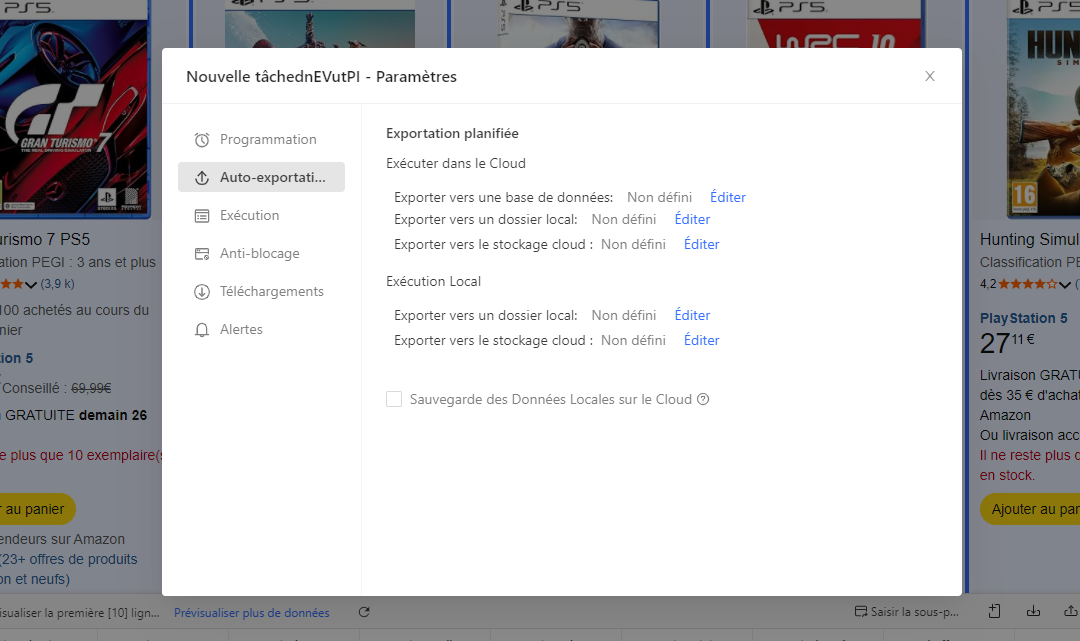 Octoparse - export automatique cloud des données de suivi des prix e-commerce
