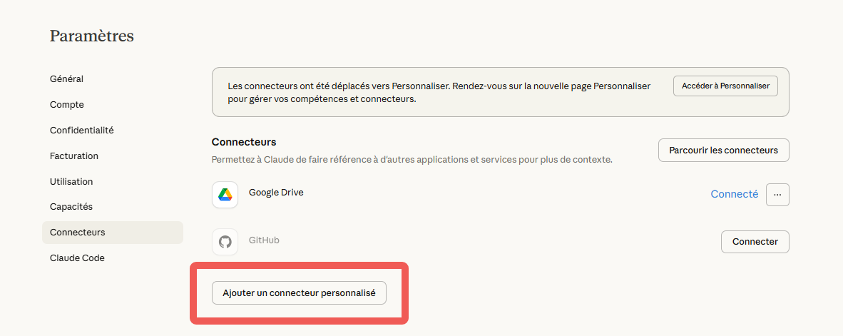 Interface Claude Desktop — section Connecteurs pour ajouter un serveur MCP comme Octoparse