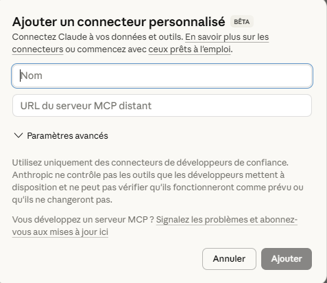 Formulaire d'ajout d'un connecteur personnalisé dans Claude Desktop — saisie de l'URL du serveur MCP Octoparse (https://mcp.octoparse.com)