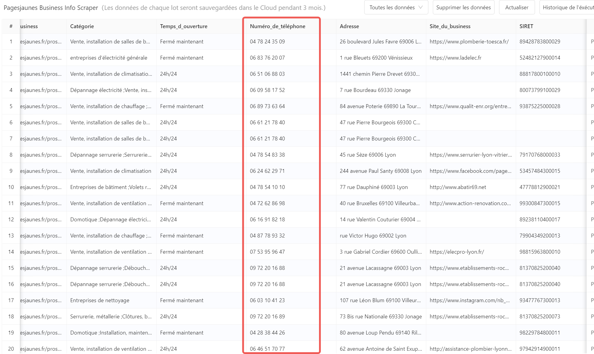 Export Octoparse PagesJaunes vers Excel — tableau structuré avec numéros de téléphone, adresses, horaires et notes clients de plombiers lyonnais