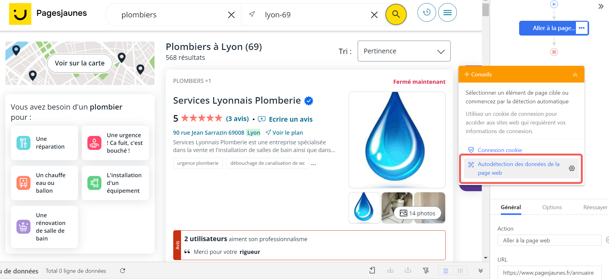 Interface Octoparse auto-détection PagesJaunes — identification automatique des champs téléphone, adresse et horaires sans coder
