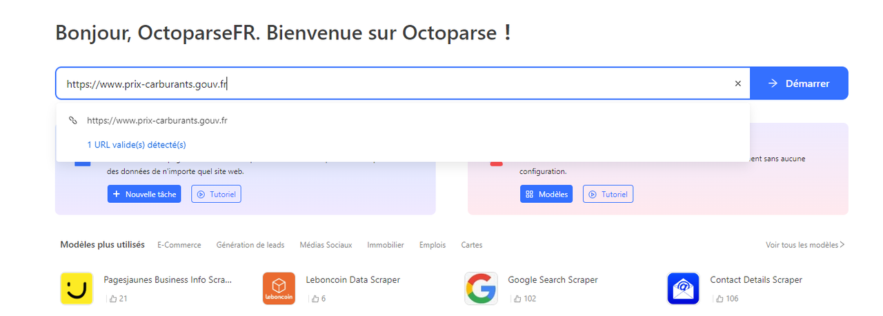 Interface Octoparse mode personnalisé avec l'URL prix-carburants.gouv.fr saisie, délai d'attente 120 secondes configuré avant l'étape suivante