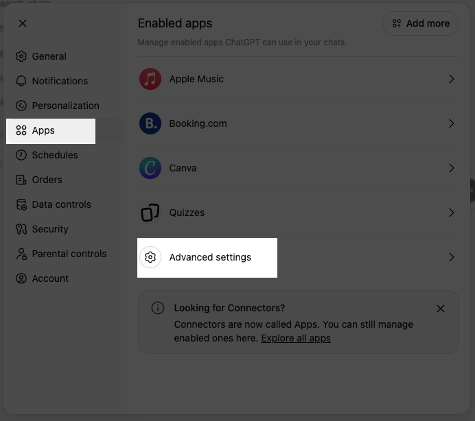 CAPTURE D'ÉCRAN : Section Apps / Intégrations dans ChatGPT