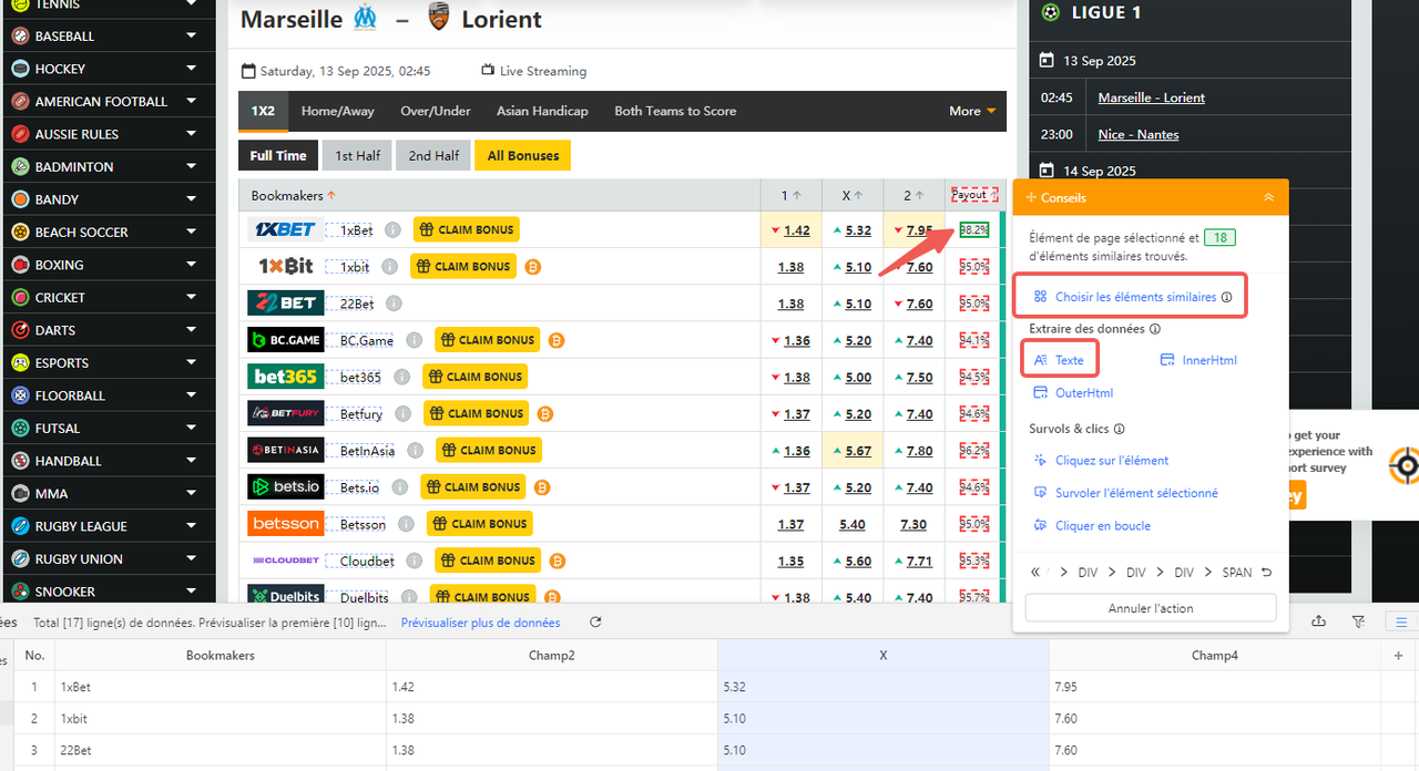 Sélection des éléments de cotes dans Octoparse pour scraper Oddsportal, panneau Sélectionner les éléments similaires