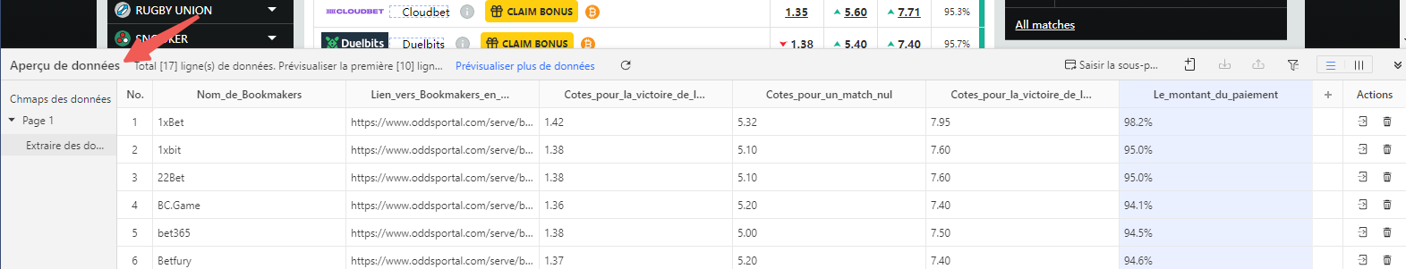 Aperçu en temps réel des données de cotes extraites depuis Oddsportal avec Octoparse, colonnes bookmaker, cotes domicile/nul/extérieur