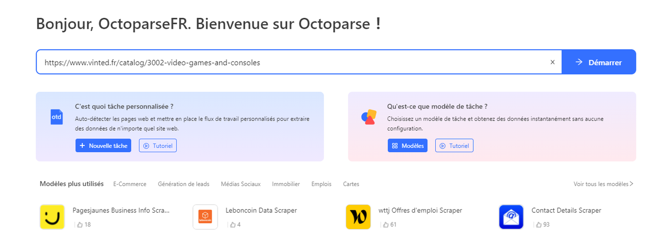 Création d'une nouvelle tâche dans Octoparse pour scraper une page Vinted — saisie de l'URL dans l'interface