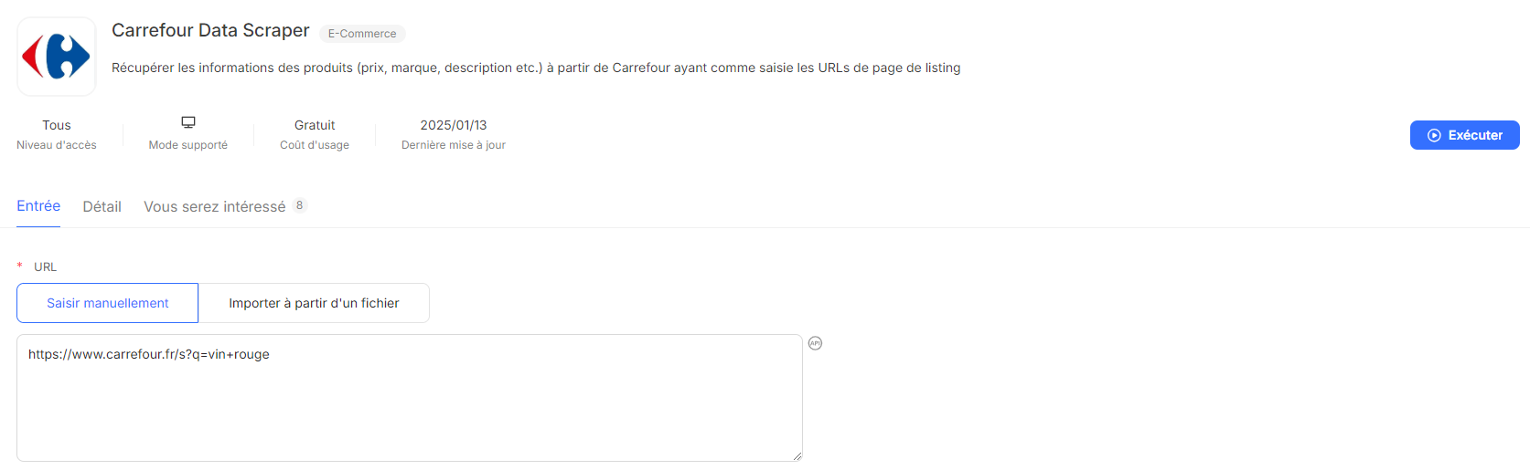 Saisie des URLs de listing Carrefour dans le modèle Octoparse