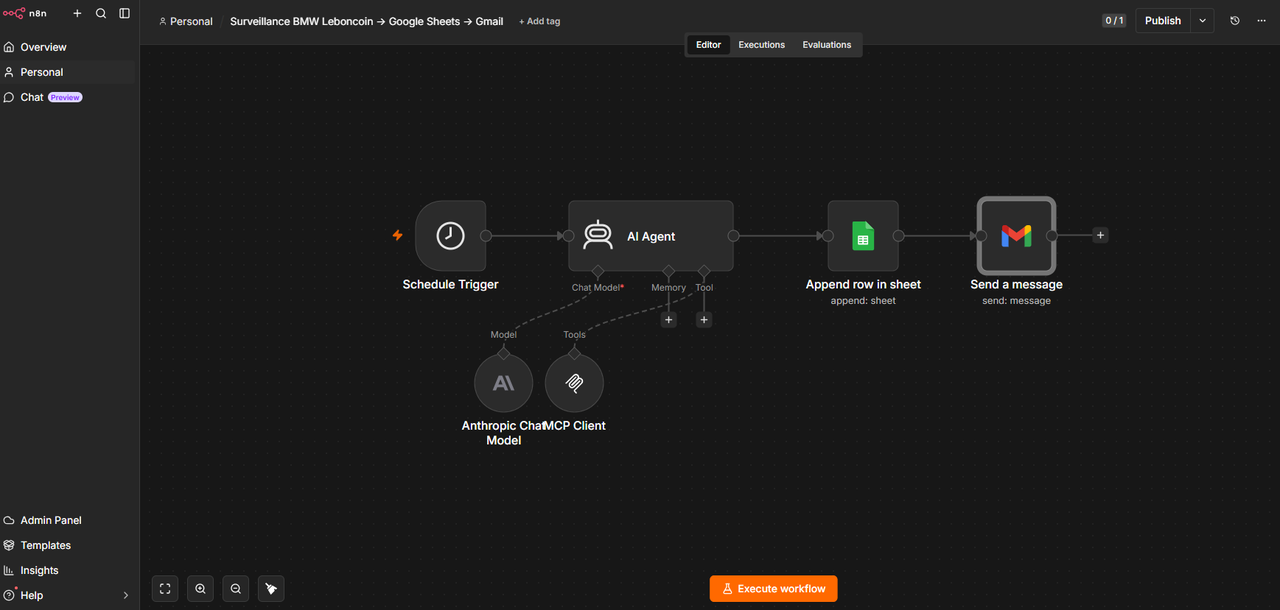 Vue d'ensemble du workflow n8n complet pour la surveillance automatique Leboncoin avec Octoparse MCP, Google Sheets et Gmail