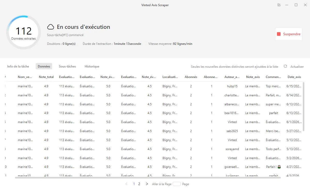 Capture d'écran du Vinted Avis Scraper en cours d'exécution dans Octoparse, affichant les champs extraits : nom du vendeur, note, auteur de l'avis, commentaire et date