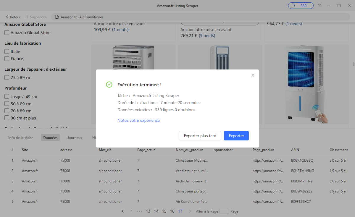 Export et comparaison des données de stock, de prix et de disponibilité du Midea PortaSplit dans Excel, CSV ou Google Sheets