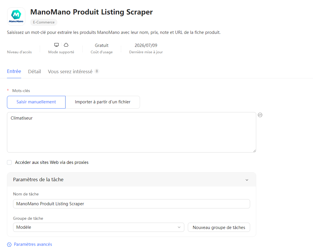 Saisie du mot-clé climatiseur dans ManoMano Produit Listing Scraper avec Octoparse