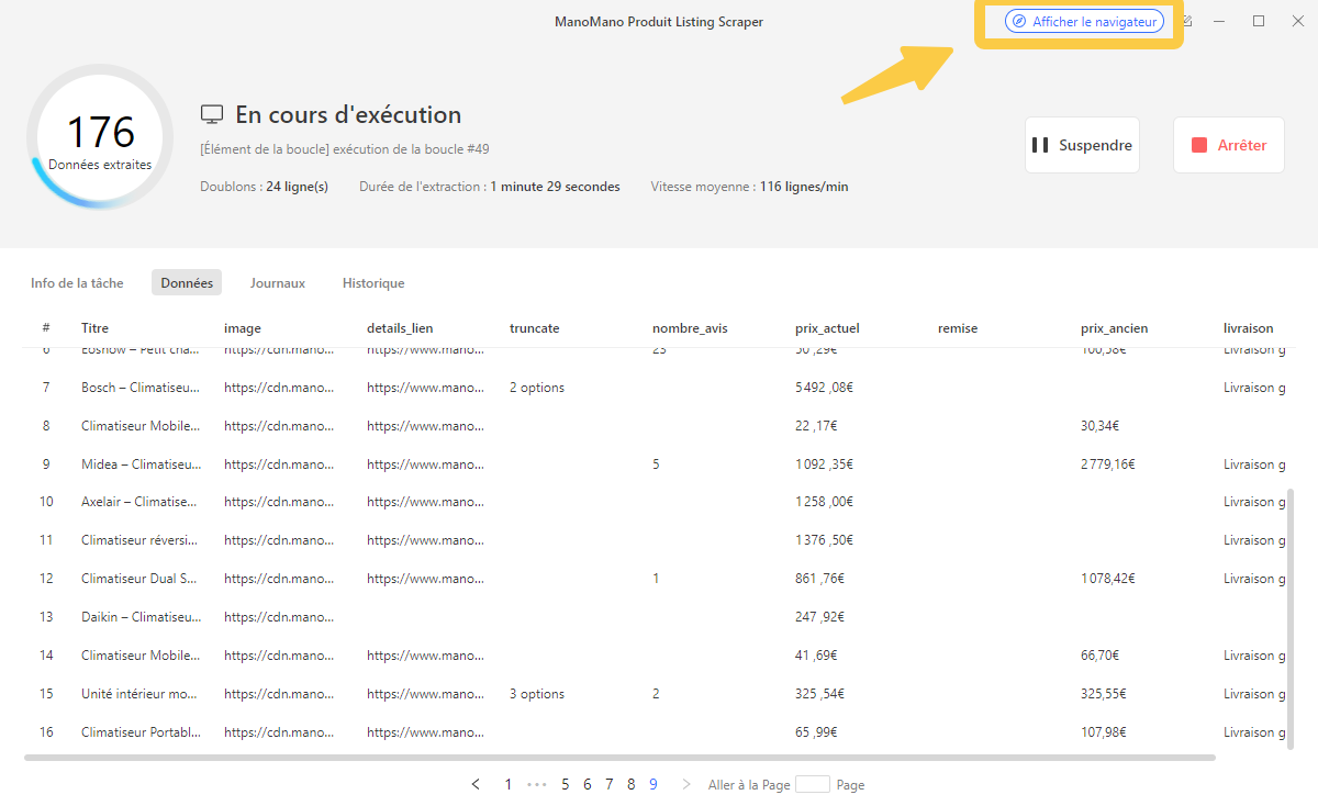 Résultats de ManoMano Produit Listing Scraper avec le champ details_lien et le bouton Afficher le navigateur