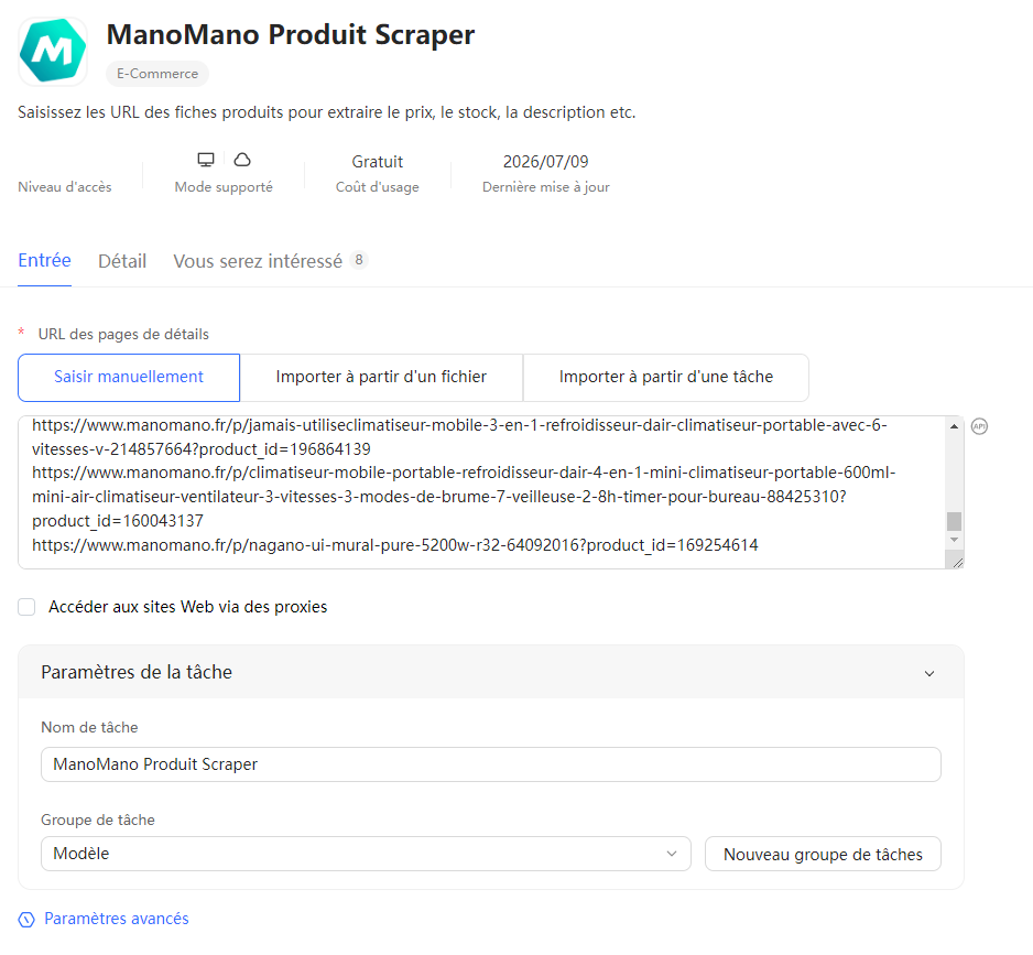 Import des URL de fiches produit dans ManoMano Produit Scraper pour extraire le stock