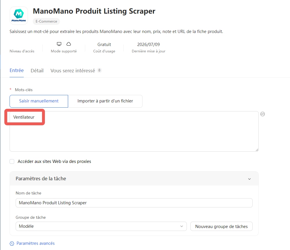 Saisie du mot-clé ventilateur dans ManoMano Product Listing Scraper avec Octoparse