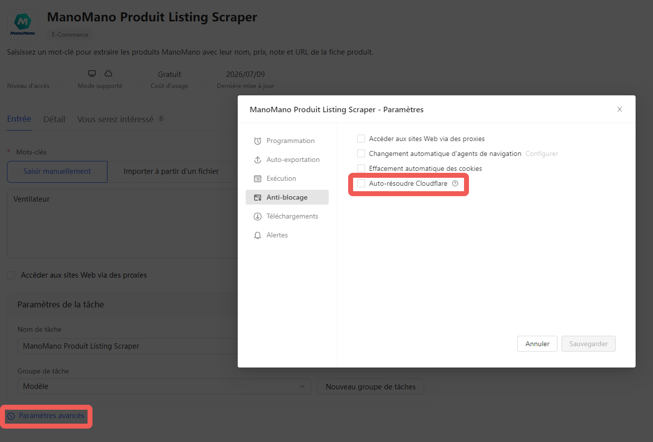 Activation de l’option Auto-résoudre Cloudflare dans les paramètres avancés du modèle ManoMano