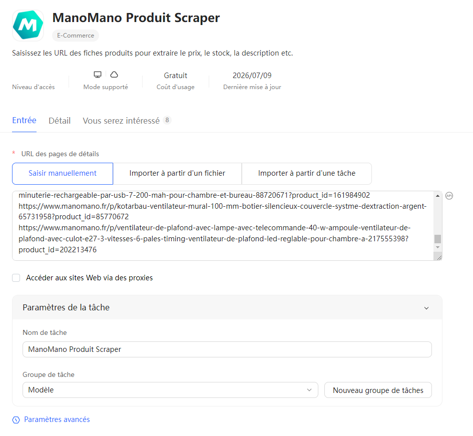 Import des URL de fiches produit dans ManoMano Product Scraper pour extraire le prix et le stock