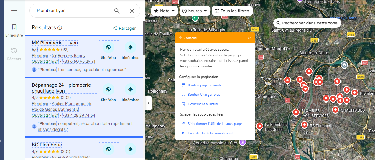 Configuration du défilement infini pour extraire les résultats Google Maps avec un workflow personnalisé