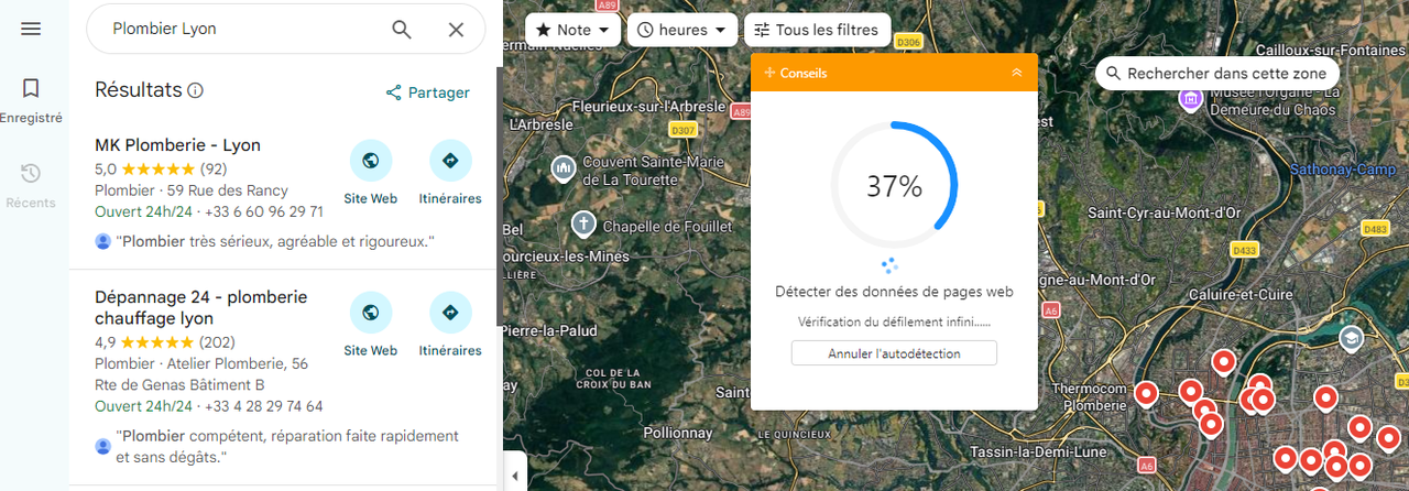 Détection automatique des données d’une recherche Google Maps dans un workflow personnalisé Octoparse