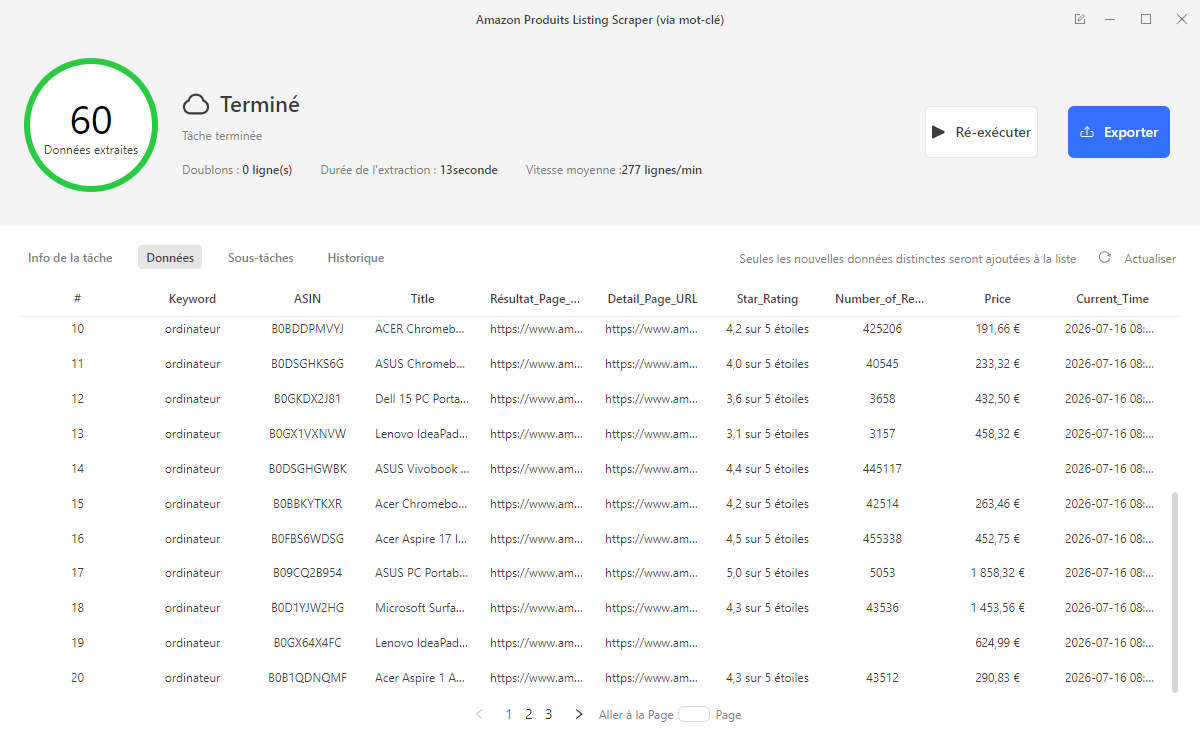 Octoparse Amazon Produits Listing Scraper : 60 résultats Amazon extraits en 13 secondes avec le mot-clé ordinateur