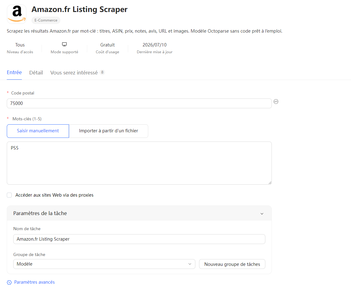 Saisie du code postal et du mot-clé PS5 dans le modèle Amazon.fr Listing Scraper d’Octoparse