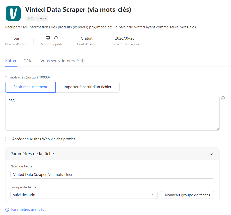 Saisie du mot-clé PS5 dans le modèle Vinted Data Scraper d’Octoparse