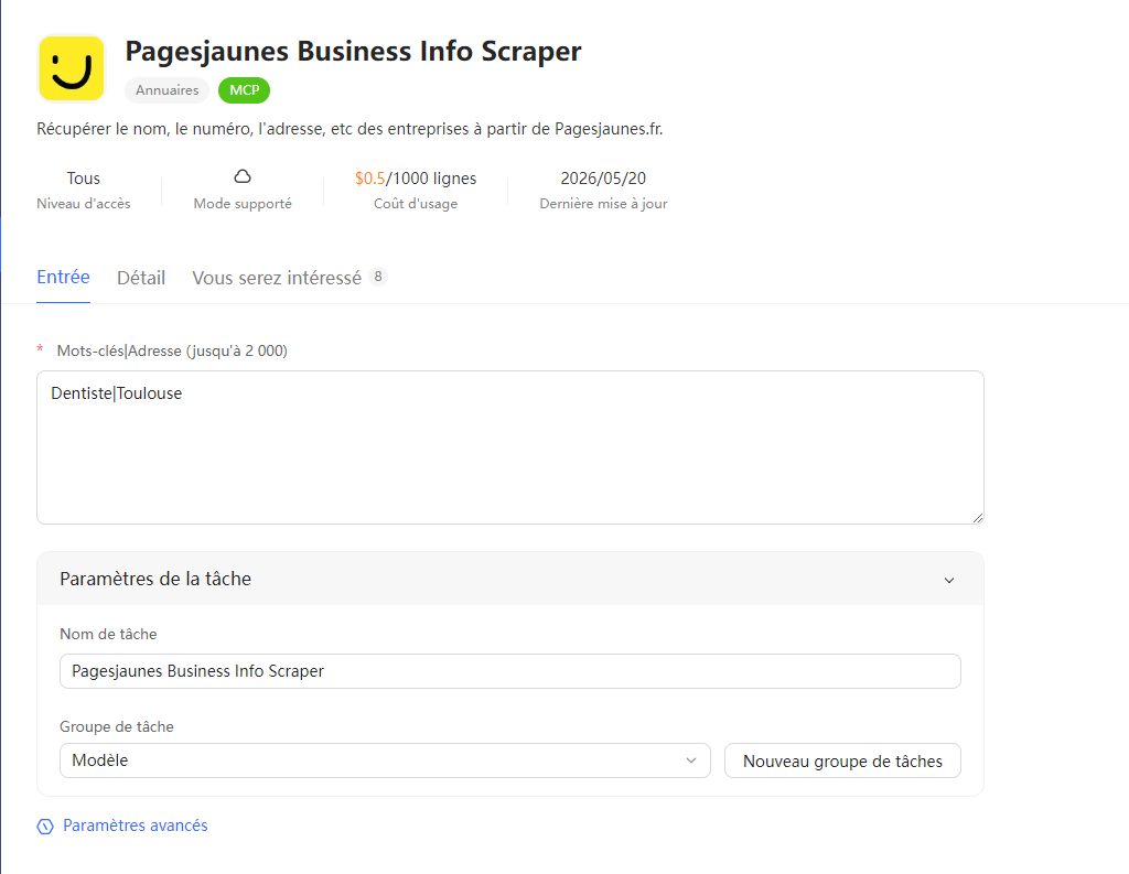 Modèle Pagesjaunes Business Info Scraper Octoparse avec la recherche Dentiste Toulouse