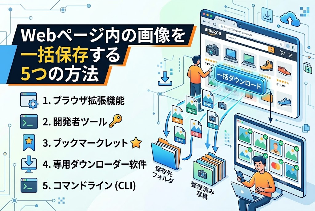 【2026年最新】Webページ内の画像を一括保存する5つの方法|目的別の比較表つき