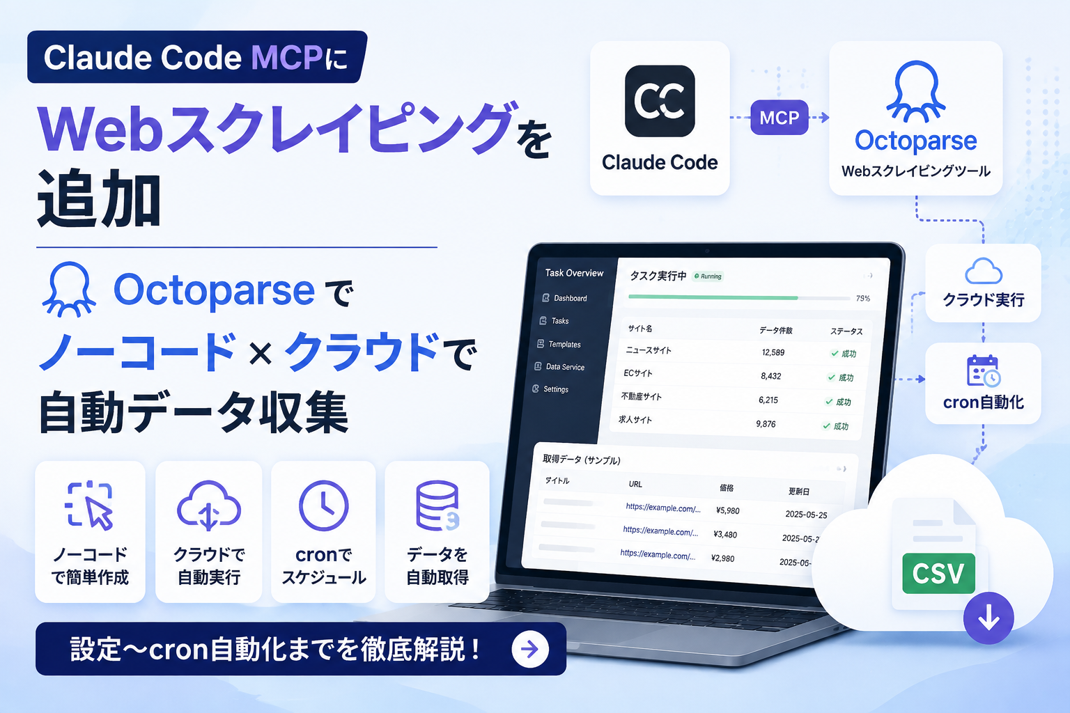 Claude Code MCPにWebスクレイピングを追加｜Octoparseでノーコード×クラウド自動データ収集【設定〜cron自動化】