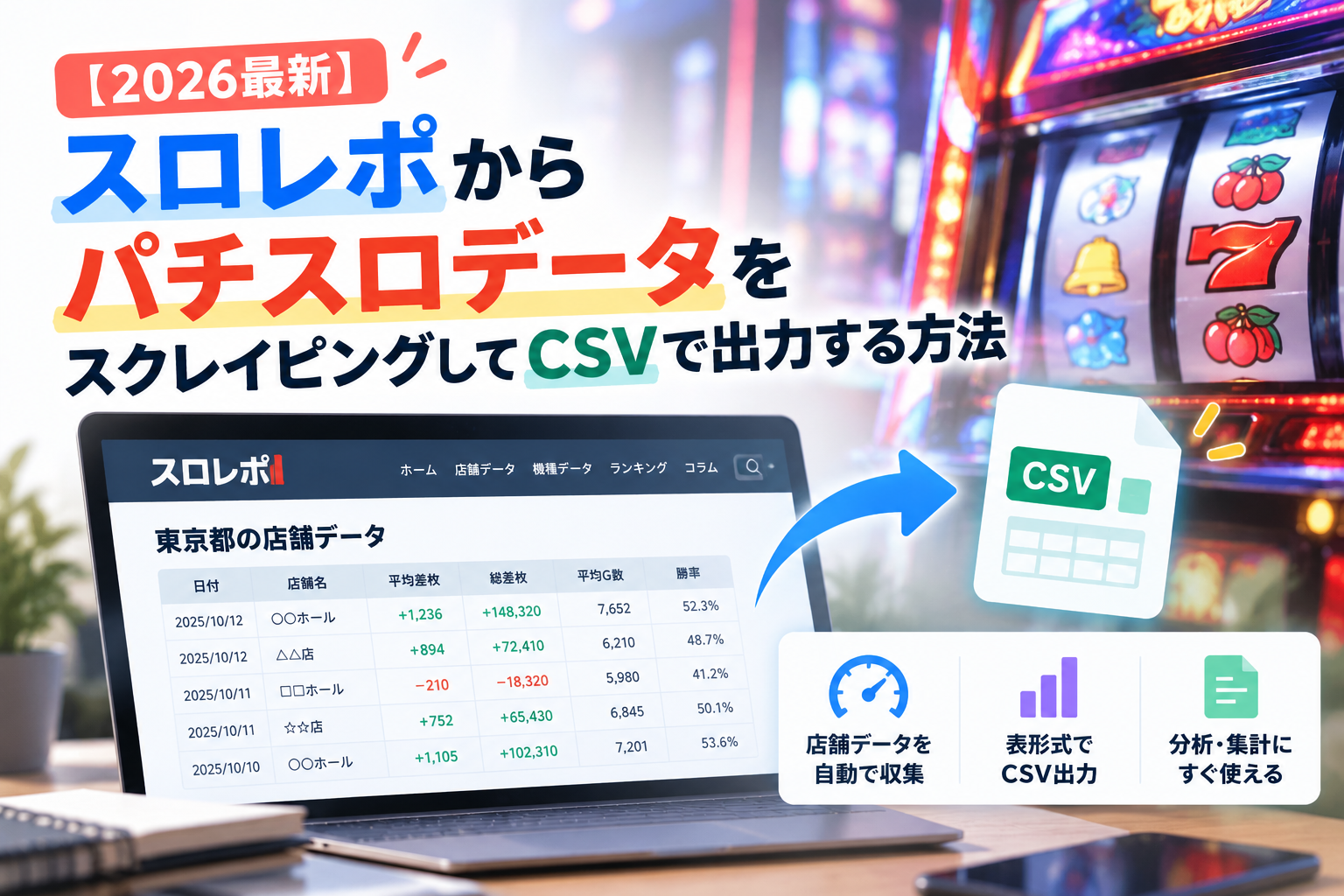 【実測・2分40秒で2209件】スロレポからパチスロデータをスクレイピングしてCSVで出力する方法